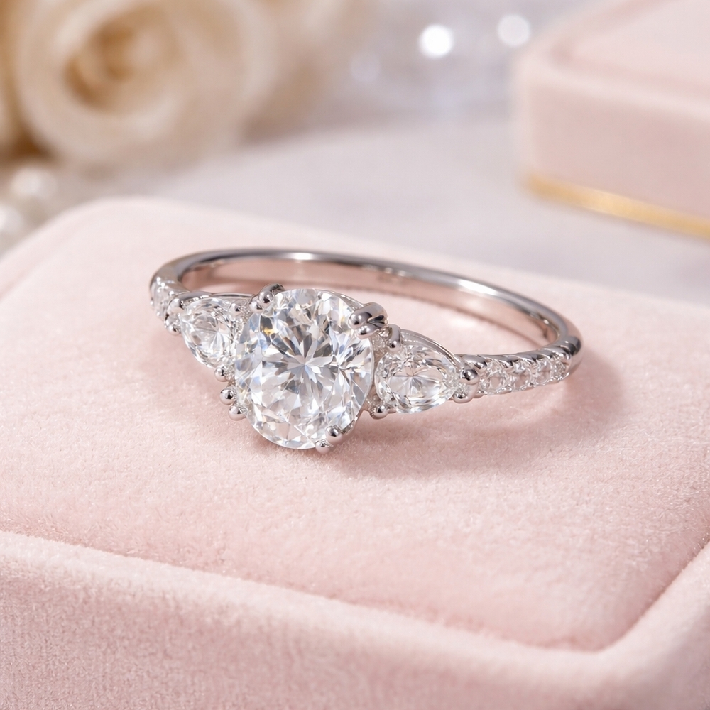 Elegant Oval Center/Side Teardrops Moissanite Engagement Ring NEW 2.00CT Size 5